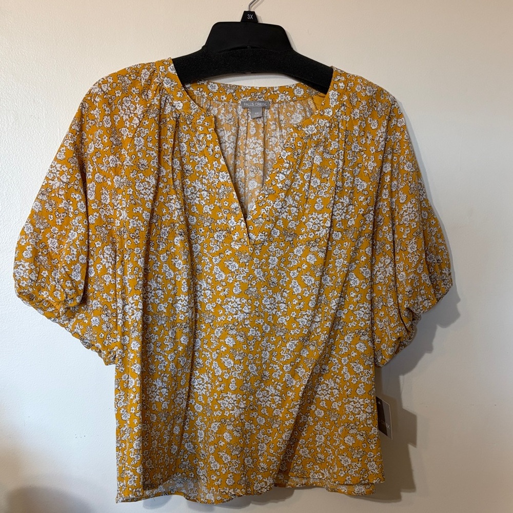 Falls Creek Yellow Floral Split V-Neck Blouse